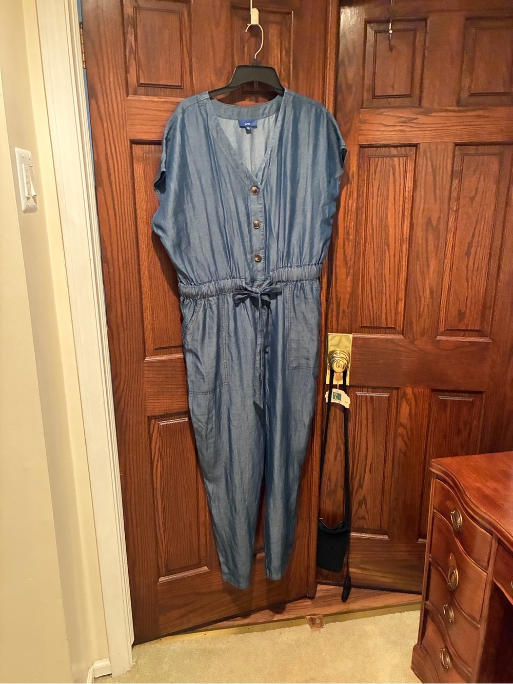 Apt. 9 Blue Chambray Button-Front Jumpsuit with Tie Waist